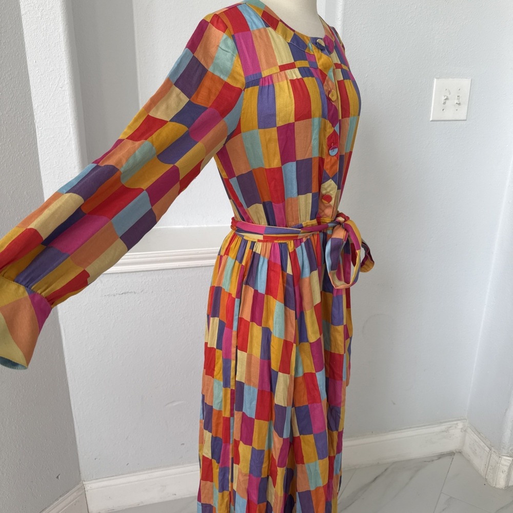 Maxi Dress M Colorblock Rainbow Belted Boho 80s Artsy Mod‎ Festival - Picture 4 of 14